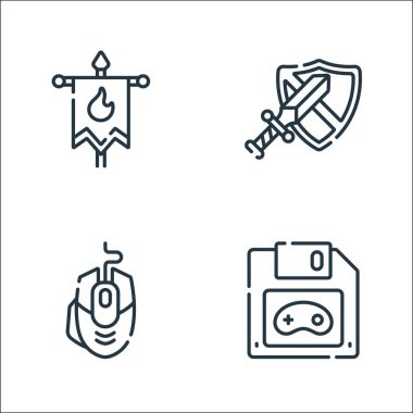 Video oyunu çizgi simgeleri. Doğrusal küme. Dosya, fare, kılıç gibi kalite vektör çizgisi seti