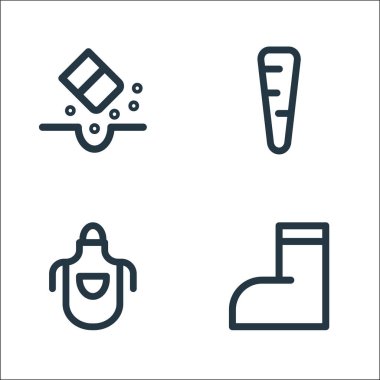 peyzaj ekipman hattı simgeleri. Doğrusal küme. Gumboot, apron, havuç gibi kalite vektör çizgisi