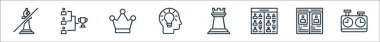 Satranç çizgisi simgeleri. Doğrusal küme. Satranç saati, satranç oyuncusu, oyuncular, kale, analitik düşünme, taç, oyun istatistikleri gibi kalite vektör çizgisi