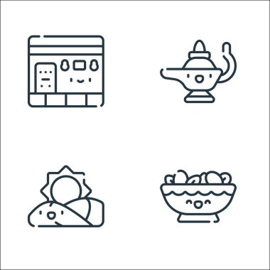 Ramazan çizgi simgeleri. Doğrusal küme. Fındık, güneş doğumu, gaz lambası gibi kalite vektör çizgisi