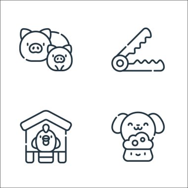 Hayvan refahı simgeleri. Doğrusal küme. Köpek maması, tavuk, ayı tuzağı gibi kalite vektör çizgisi
