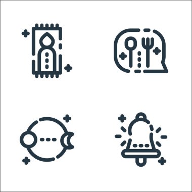 Ramazan Kareem çizgi simgeleri. Doğrusal küme. Çan, ay, çatal gibi kalite vektör çizgisi