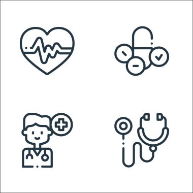 İlaç çizgisi simgeleri. Doğrusal küme. Steteskop, doktor, hap gibi kalite vektör çizgisi