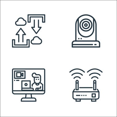 ev çizgisi simgeleri. Doğrusal küme. Wi-Fi yönlendirici, video çağrısı, webcam gibi kalite vektör dizisi