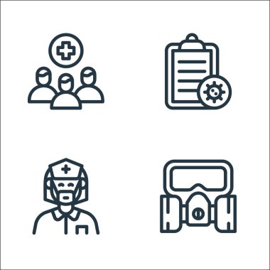 Virüs iletim hattı simgeleri. Doğrusal küme. Gaz maskesi, hemşire, pano gibi kalite vektör çizgisi