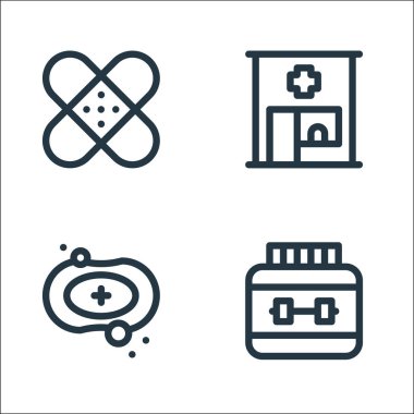 İlaç çizgisi simgeleri. Doğrusal küme. Spor salonu, sabun, eczane gibi kalite vektör çizgisi