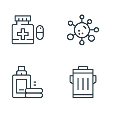 Karantina hattı simgeleri. Doğrusal küme. Çöp, deterjan, virüs gibi kalite vektör çizgisi