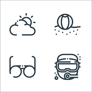 Yaz tatili sembolleri. Doğrusal küme. Dalış, güneş gözlüğü, plaj topu gibi kalite vektör çizgisi