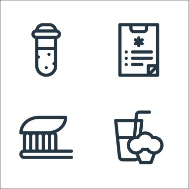 Sağlık çizgisi simgeleri. Doğrusal küme. smoothie, diş fırçası, tıbbi rapor gibi kalite vektör çizgisi