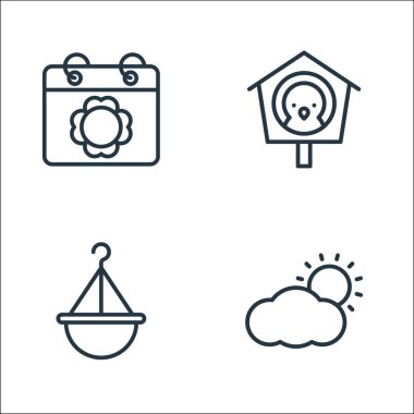 Düz yay çizgisi simgeleri. Doğrusal küme. Kaliteli vektör çizgisi bulutlar ve güneş gibi, asma kabı, kuş evi