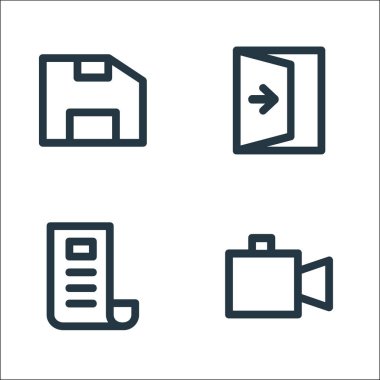 kullanıcı arayüzü satır simgeleri. Doğrusal küme. Video kamera, haber, çıkış kapısı gibi kalite vektör çizgisi