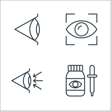 Optalmoloji çizgisi simgeleri. Doğrusal küme. Göz damlası, göz, odaklanma gibi kalite vektör çizgisi