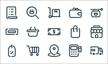 Alışveriş çizgisi simgeleri. Doğrusal küme. dağıtım, harita, indirim, hizmet noktası, alışveriş arabası, kupon, alışveriş, cüzdan, arama gibi kalite vektör dizileri