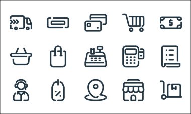 Alışveriş çizgisi simgeleri. Doğrusal küme. Tramvay, harita, operatör, dükkan, indirim, sepet, servis noktası, alışveriş arabası, kupon gibi kalite vektör dizileri