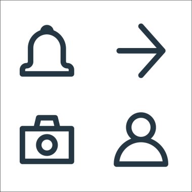 kullanıcı arayüzü satır simgeleri. Doğrusal küme. kullanıcı, kamera, ileri gibi kalite vektör çizgisi