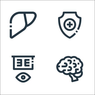 Tıbbi hat simgeleri. Doğrusal küme. Beyin, göz testi, sağlık sigortası gibi kalite vektör çizgisi