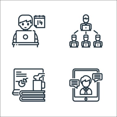 ev çizgisi simgeleri. Doğrusal küme. Video çağrısı, eğitim, takım çalışması gibi kalite vektör çizgisi