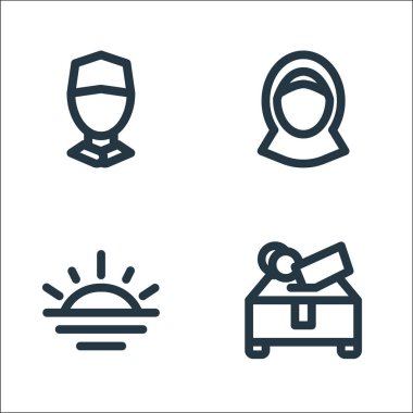 Ramadhan çizgi simgeleri. Doğrusal küme. Yardım, günbatımı, avatar gibi kalite vektör çizgisi