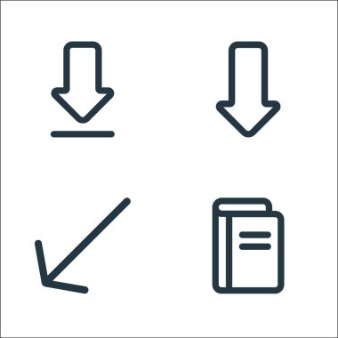 Arayüz çizgisi simgeleri. Doğrusal küme. Kaliteli vektör çizgisi seti, kitap, sol aşağı, indir