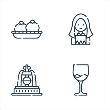 İtalya çizgi simgeleri. Doğrusal küme. Şarap, çeşme, kadın gibi kalite vektör çizgisi