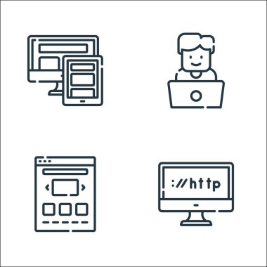 Web geliştirme çizgisi simgeleri. Doğrusal küme. Web sitesi, portföy, geliştirici gibi kalite vektör çizgisi