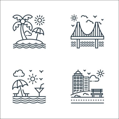 Turizm çizgisi simgeleri. Doğrusal küme. Şehir, sahil, köprü gibi kalite vektör çizgisi