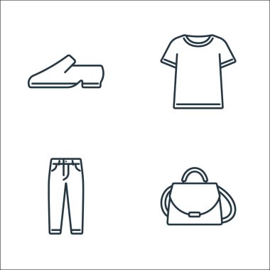 Kıyafetler ve kıyafet çizgisi simgeleri. Doğrusal küme. Çanta, kot pantolon, tişört gibi kalite vektör çizgisi
