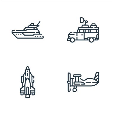 Araç taşıma hattı simgeleri. Doğrusal küme. Uçak, roket, araba gibi kalite vektör çizgisi