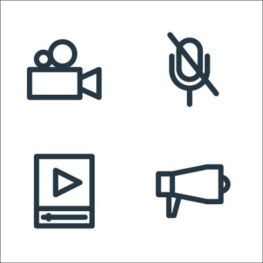 Multimedya çizgi simgeleri. Doğrusal küme. megafon, oyuncu, dilsiz gibi kalite vektör çizgisi