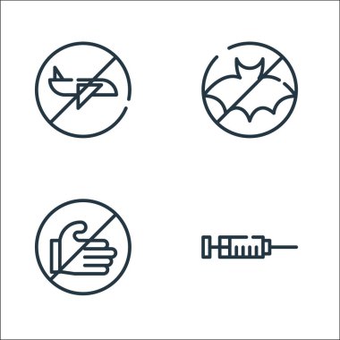 Semptomlar virüs çizgisi simgeleri. Doğrusal küme. Aşı gibi kalite vektör çizgisi seti, dokunma, uzak dur