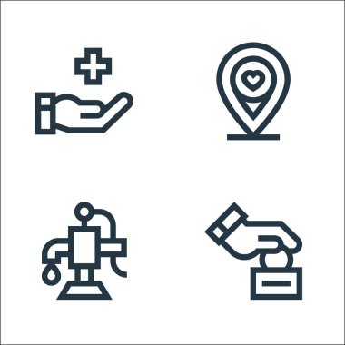 Yardım hattı simgeleri. Doğrusal küme. Bağış, su pompası, bağış gibi kalite vektör çizgisi