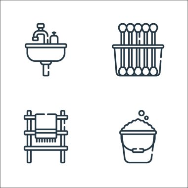 Tuvalet sırası ikonları. Doğrusal küme. Kaliteli vektör çizgisi seti: kova, havlu, pamuk çubukları
