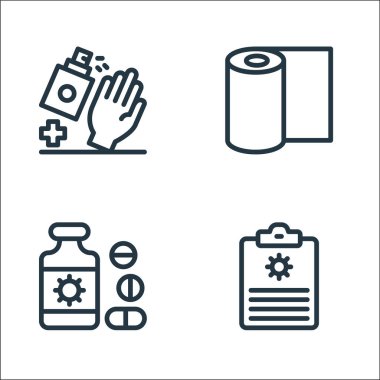 Koronavirüs çizgisi simgeleri. Doğrusal küme. Rapor, ilaç, doku gibi kalite vektör çizgisi