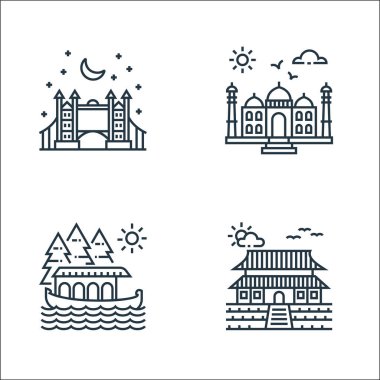 Turizm çizgisi simgeleri. Doğrusal küme. Kaliteli vektör çizgisi Çin tapınağı, tekne, tac mahal gibi