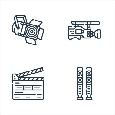 Televizyon dizisi simgeleri. Doğrusal küme. Hoparlörler, alkış tahtası, video kamera gibi kalite vektör satırı kümesi