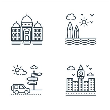 Turizm çizgisi simgeleri. Doğrusal küme. Büyük Ben, kılavuz noktası, sörf gibi kalite vektör çizgisi kümesi