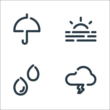 Hava çizgisi simgeleri. Doğrusal küme. strom, yağmur, gün doğumu gibi kalite vektör çizgisi