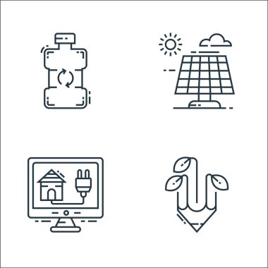 Çevre ve çevre çizgisi simgeleri. Doğrusal küme. ekoloji, zeka, güneş paneli gibi kalite vektör çizgisi kümesi