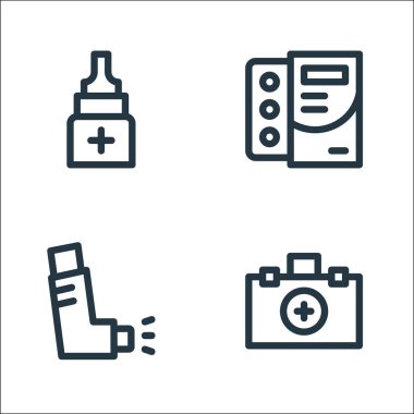 İlaç çizgisi simgeleri. Doğrusal küme. İlk yardım kiti, astım spreyi, ilaç gibi kalite vektör çizgisi