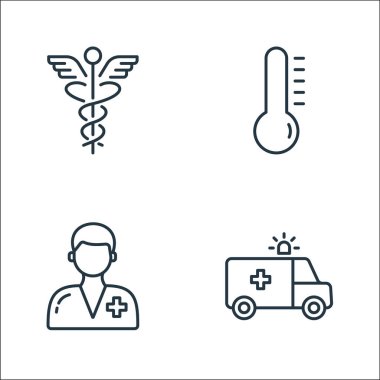 Tıbbi hat simgeleri. Doğrusal küme. Ambülans, hemşire, termometre gibi kalite vektör çizgisi