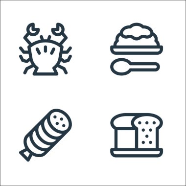Gastronomi çizgisi simgeleri. Doğrusal küme. Somun, jambon, pirinç gibi kalite vektör çizgisi