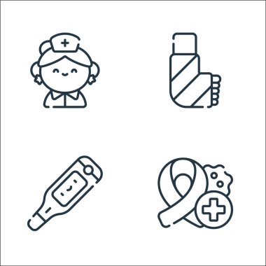 Tıbbi servis hattı simgeleri. Doğrusal küme. Onkoloji, termometre, kırık bacak gibi kalite vektör çizgisi