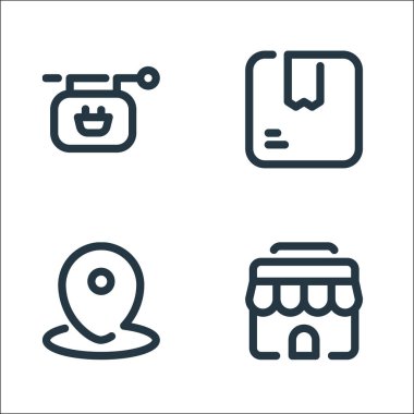 Alışveriş çizgisi simgeleri. Doğrusal küme. atölye, harita, kutu gibi kalite vektör satırı