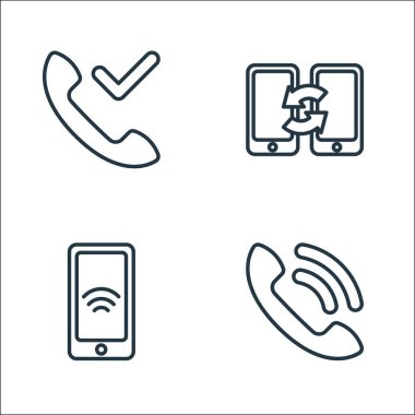 iletişim hattı simgeleri. Doğrusal küme. İletişim, akıllı telefon, akıllı telefon gibi kalite vektör çizgisi