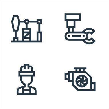 Sanayi işlem çizgisi simgeleri. Doğrusal küme. Motor, mühendis, endüstriyel robot gibi kalite vektör çizgisi
