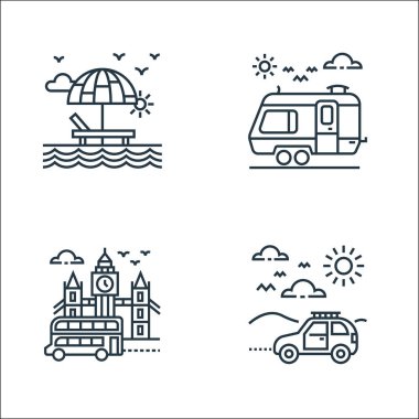 Turizm çizgisi simgeleri. Doğrusal küme. Yol gezisi, büyük Ben, karavan gibi kalite vektör çizgisi kümesi