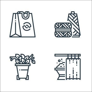 Geri dönüşüm çizgisi simgeleri. Doğrusal küme. Duş perdesi, atık, tekstil gibi kalite vektör çizgisi