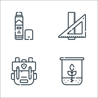 Akademi çizgisi simgeleri. Doğrusal küme. Biyoloji, paket, cetvel gibi kalite vektör çizgisi kümesi