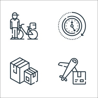 dağıtım hattı simgeleri. Doğrusal küme. Uçak, kutu, saat gibi kalite vektör çizgisi