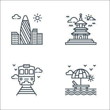 Turizm çizgisi simgeleri. Doğrusal küme. Plaj, tren, tapınak gibi kalite vektör çizgisi